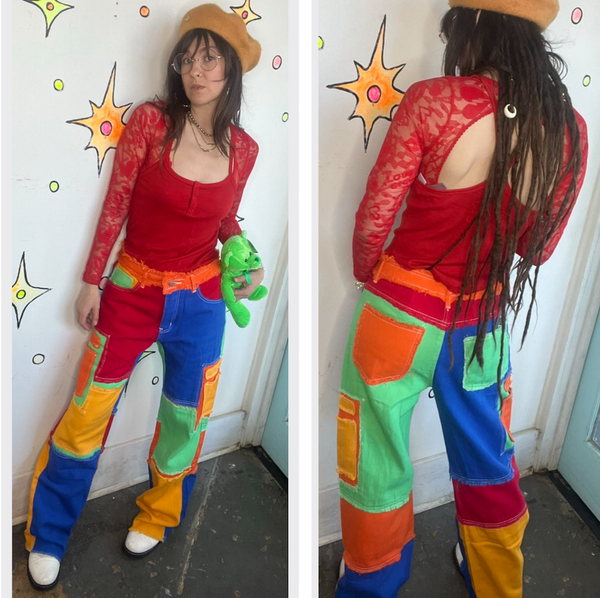 Rainbow Denim Wide Leg Patchwork Pants Y2K Boho Grunge Statement Jeans M/L