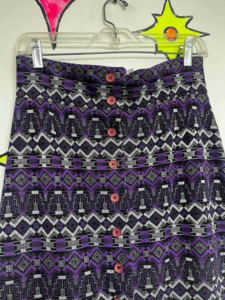 70s Purple & Silver Geometric Print Maxi Skirt Groovy Polyester Retro Boho M