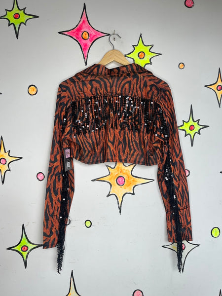 NWT Tiger Print Cowgirl Jacket Sequin Fringe Western Statement Piece Glam XL+