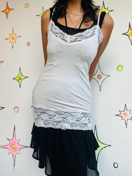 Vintage Y2K White Lace Trim Fairy Grunge Baby Doll Cami Top – Size L