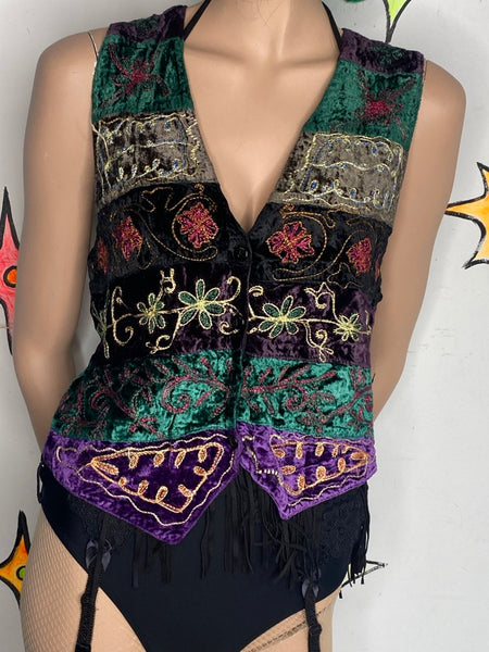 Vintage 90s Patchwork Velvet Vest Whimsigoth Speed Limit MPH Boho Goth M