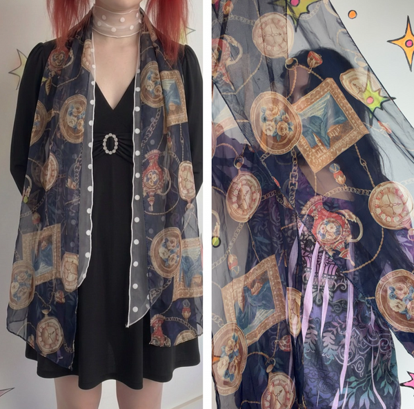 Vintage Navy Sheer Art Print Scarf Baroque Clock Print Maximalist Goth Mesh Wrap