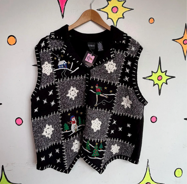 Vintage 80s 90s Embellished Ugly Christmas Knit Sweater X Mas Party Vest M