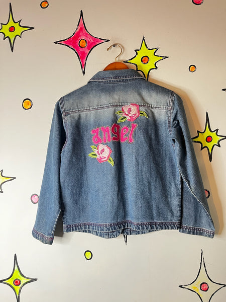 Vintage Y2K Embellished Denim Jean Jacket | ANGEL Roses Patches | Coquette | S