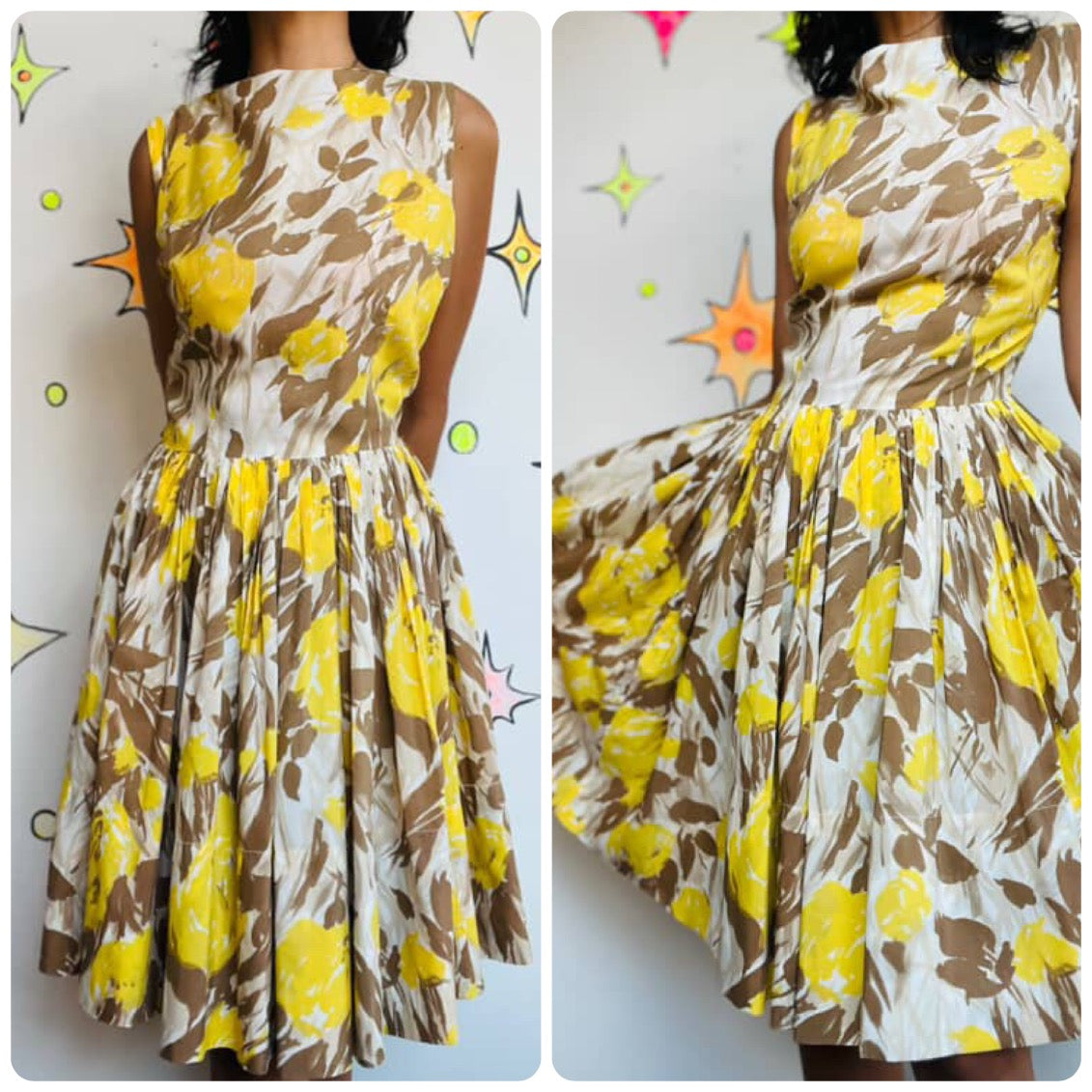 Vintage 1950s Yellow Rose Print Fit & Flare Dress Full Skirt Fairy Grunge | 5/6
