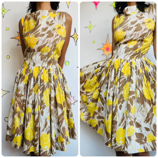 Vintage 1950s Yellow Rose Print Fit & Flare Dress Full Skirt Fairy Grunge | 5/6