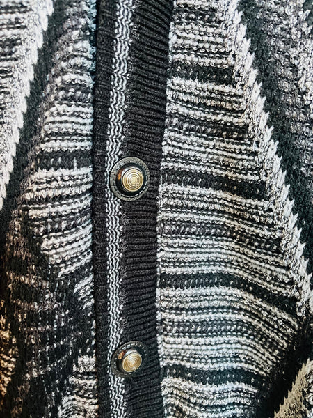 Vintage 90s Y2K Coogi-Style Boho Grunge Cardigan Sweater – Gray & Black - S
