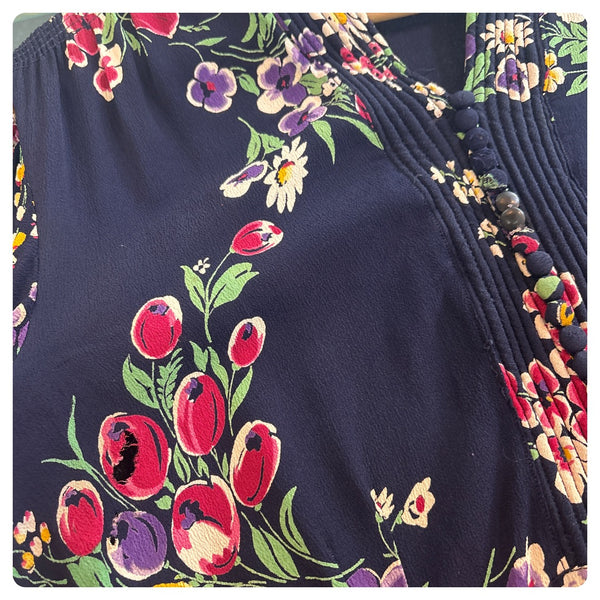 1940s Navy Floral Print Secretary Dress Stunning True Vintage Boho Grunge - M L