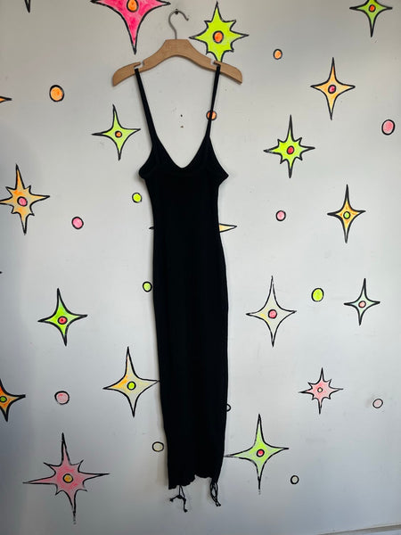 Y2K Black Bodycon Ribbed Lace Cat Woman Maxi Moto Biker Cyber Fairy Club Dress