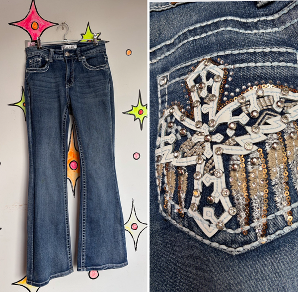 Y2K Low Rise McBling Rhinestone Embellished 2000s Glam Baddie Denim Flares S