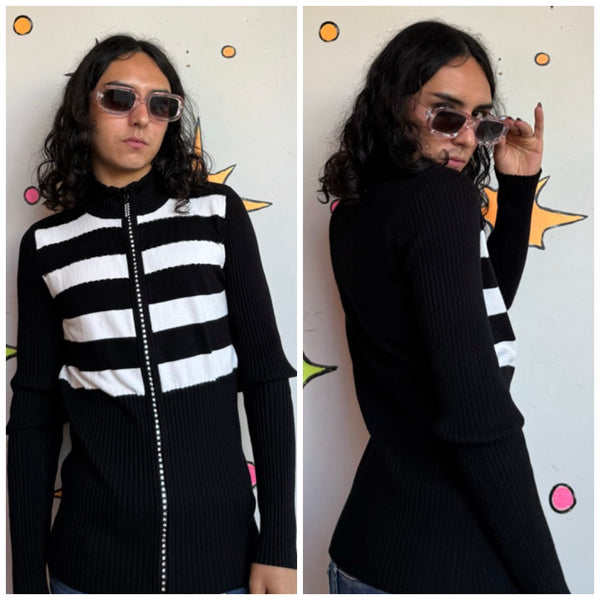 Y2K Beaded Zip Cardigan | Black White Rhinestone Striped Indie Sleaze Sweater S