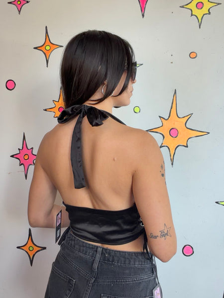 Y2K Black Lace Halter Corset Top Bustier Mall Goth Cyber Grunge Vamp S/M