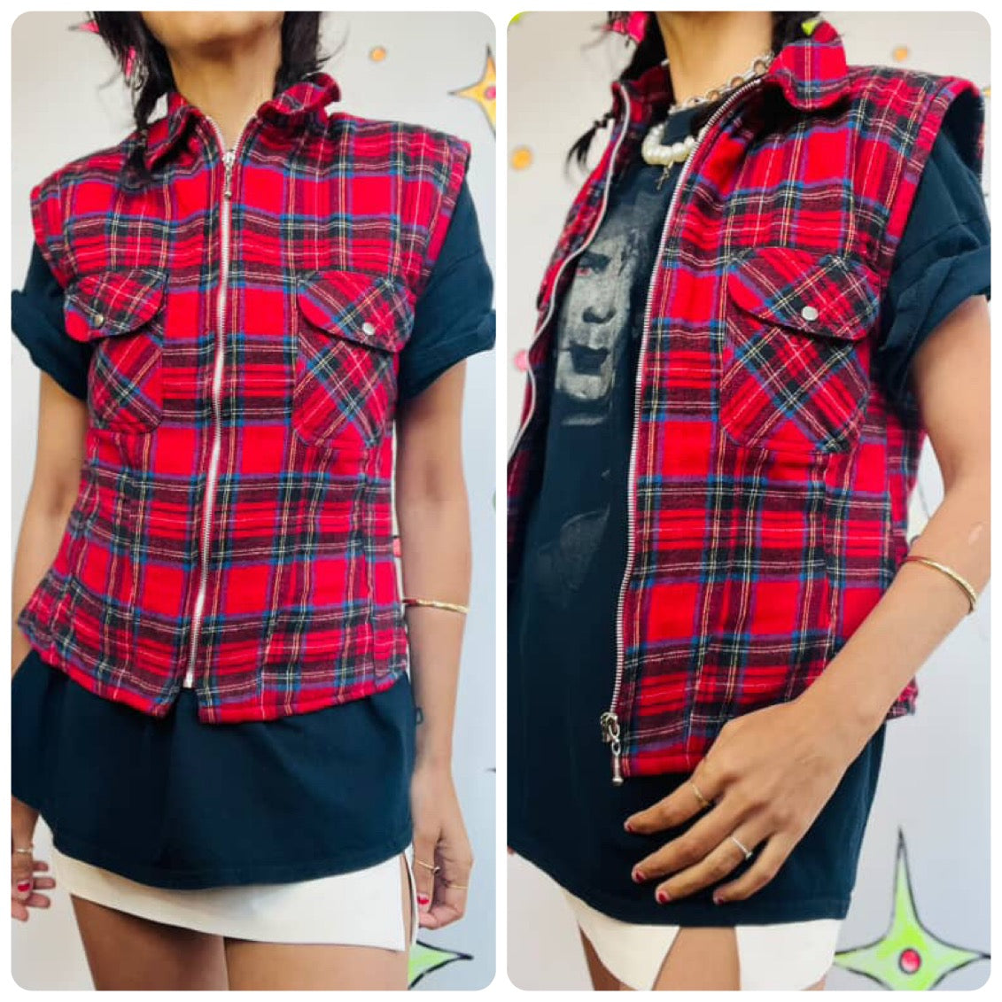 Vintage 90s Y2K Red Plaid Zip Up Flannel Utility Vest | Grunge Layering Top S