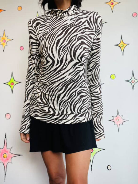 Vintage 80s 90s Zebra Striped Turtleneck | Glam Grunge Stretch Top | Size S