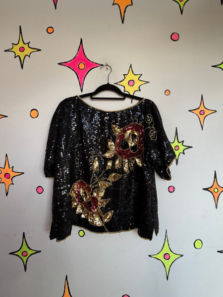 Vintage 80s Black Gold Sequin Party Blouse Maximalist Holiday Glam Disco Top