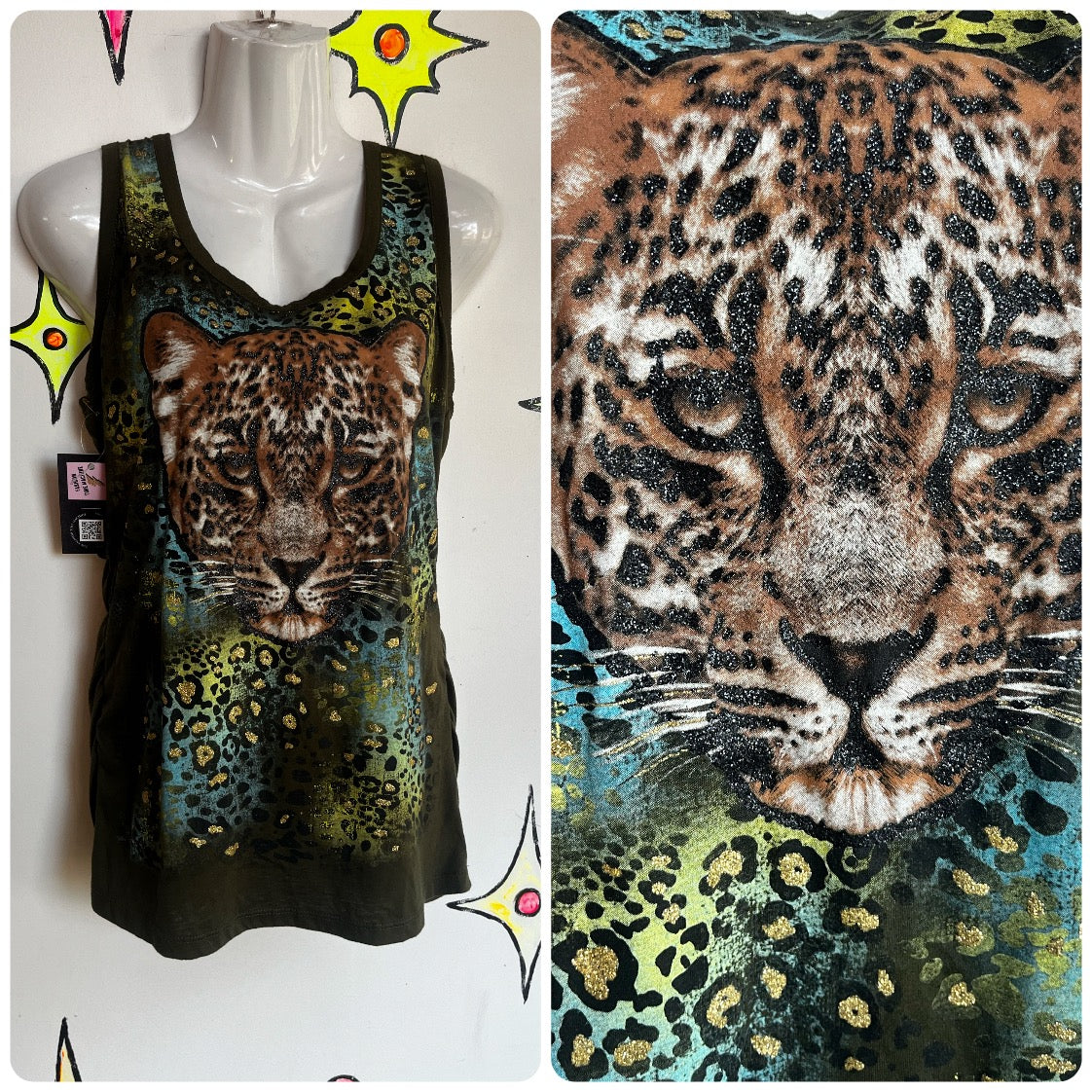 Vintage Y2K 2000s | Leopard Graphic Tee Glitter Emo Fairy Grunge T Shirt Tank | L