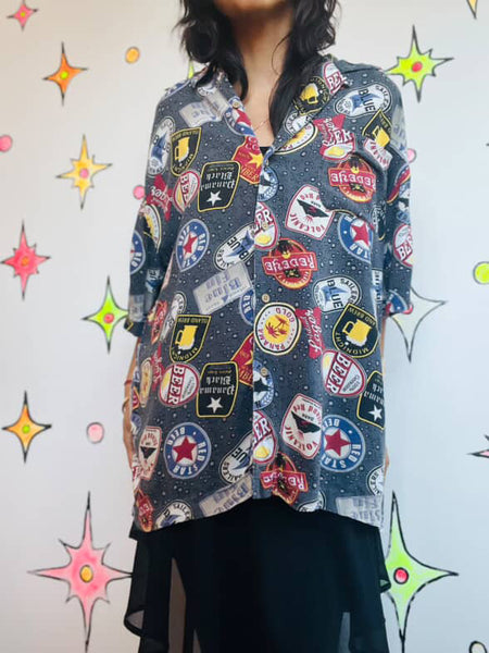 Vintage 90s Men's Beer Label Shirt - Wearable Art Retro Party Vibes - Size Large