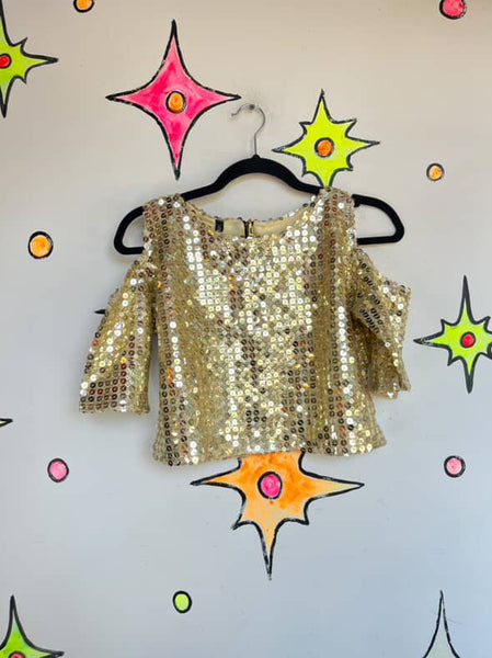 Vintage Gold Sequin Cold Shoulder Boho Disco Crop Top 70s Glam Party Blouse M/L