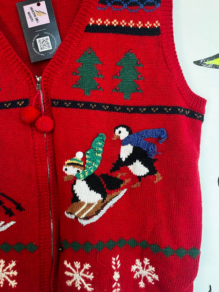 Vintage Christmas Vest Ugly Tacky Holiday Skiing Penguins X Mas Party Sweater XL