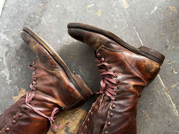Original WWI Era U.S. Officer's Tall Leather Boots - Vintage Brown Knee-High Men's 12