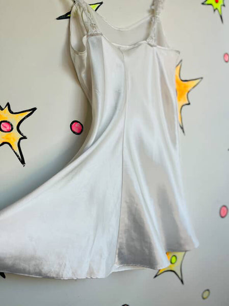 Vintage 90s Y2K White Satin Lace Fairy Grunge Beaded Mini Slip Dress | Size M