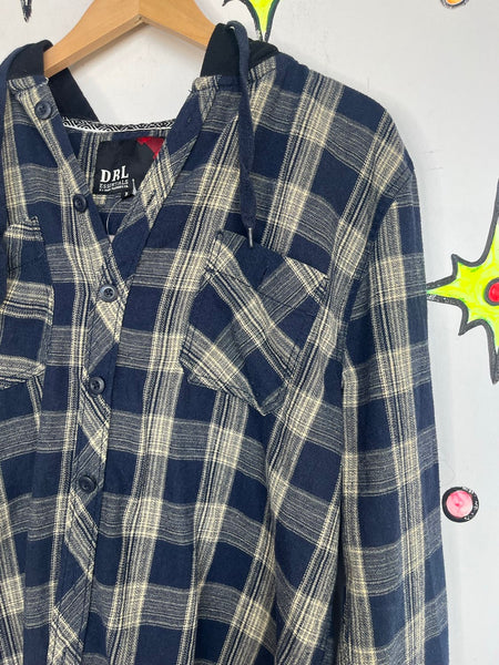 Vintage 90s Navy Blue Plaid Hooded Flannel Shirt Grunge Fairy Academia Size L
