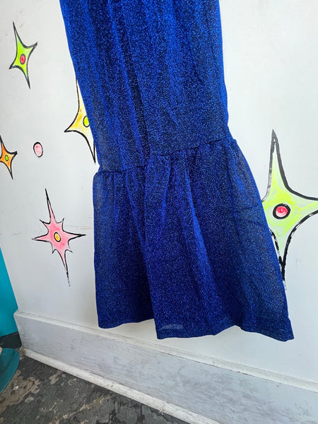 Blue Metallic Glitter Disco Halter Jumpsuit Glam Bellbottom Groovy Retro S