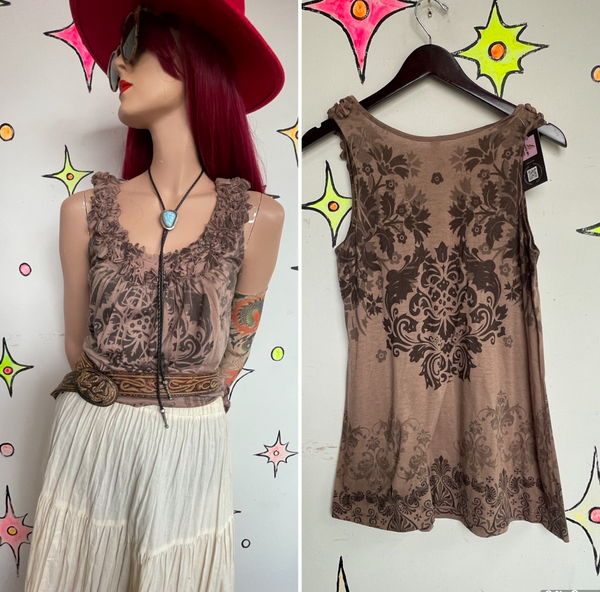 Tattoo Print Affliction Style Earth Tone Top Y2K Fairy Grunge Boho Mori Kei M/L