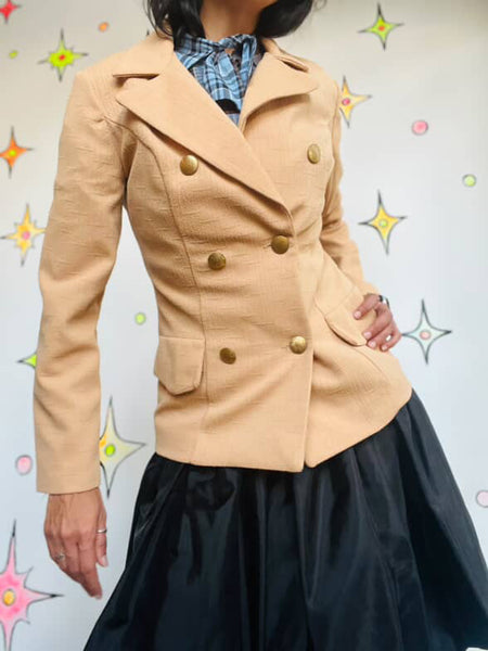 Vintage 70s Tan Polyester Blazer - Dagger Collar Retro Jacket - Size 8