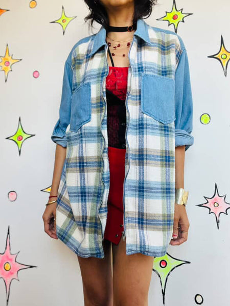 90s GITANO Denim and Plaid Flannel Long Sleeve Zip-Up Shirt | Grunge Boho | L