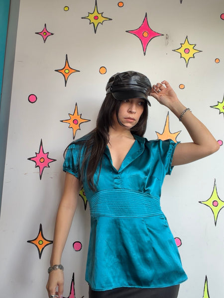 Y2K Teal Satin Blouse | Office Siren Glam Academia Shimmer Top Medium