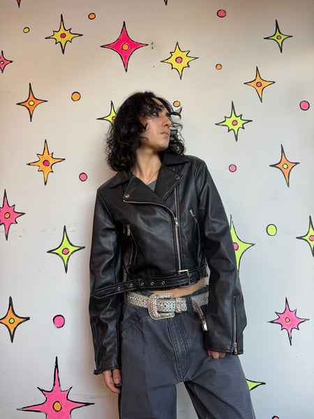 Y2K Black Vegan Leather Moto Jacket Grunge Goth Rocker Biker Jacket M