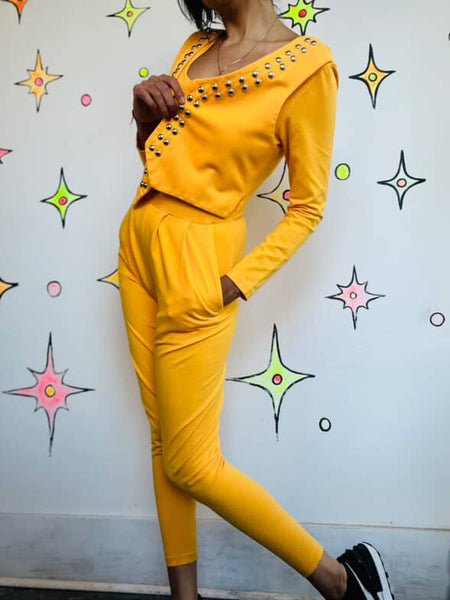 Vintage 80s Bright Yellow Studded Zip-Up Jumpsuit | One Piece Party Outfit | M