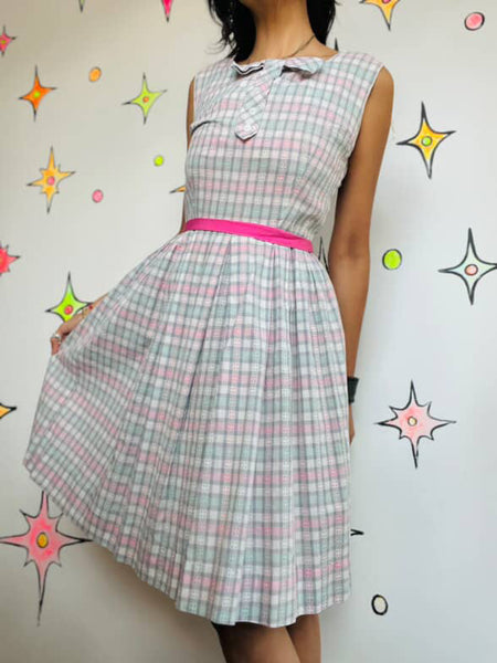 Vintage 1950s Pastel Plaid Dress | Bow Neck Fit & Flare | Size 5/6