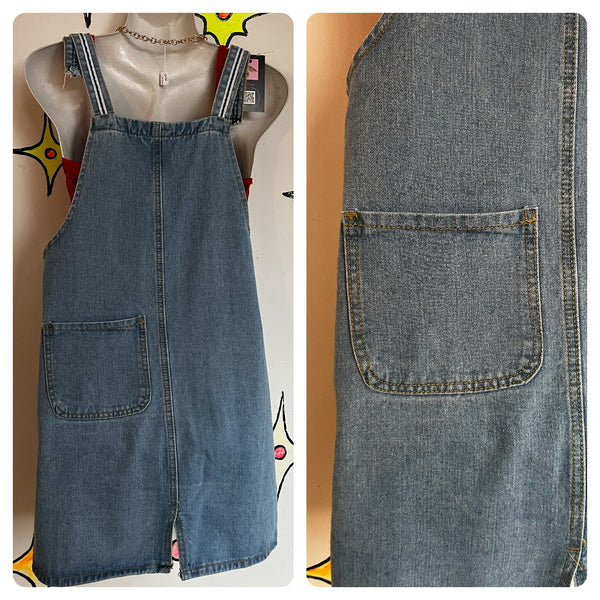 Vintage 90s | Denim Overall Dress Grunge Fruits Streetstyle Emo Mini Dress | M