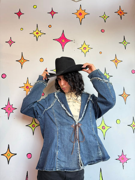 Studded Denim Western Blazer | Frayed Cowgirl Rodeo Jacket Oversized XL