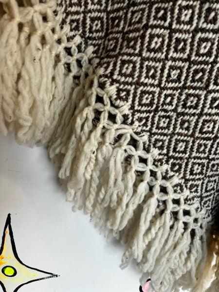 Vintage 60s 70s Brown & Cream Boho Crochet Poncho Capelet with Fringe