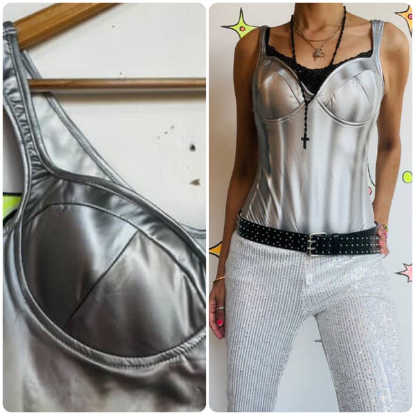 90s Y2K | Silver Metallic Space Girl Cosplay Disco Glam Costume Bodysuit | L