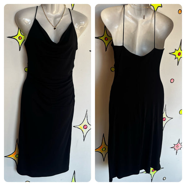 Vintage 90s Y2K | Black LBD Fairy Grunge Mall Goth Cowl Neck Slip Dress | 3/4