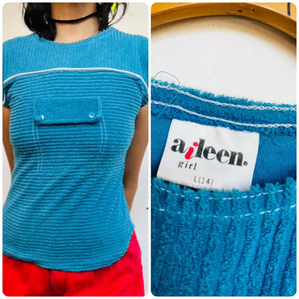 Vintage 70s 80s Blue Retro Ribbed Terrycloth Top – Soft Cozy Knit XS