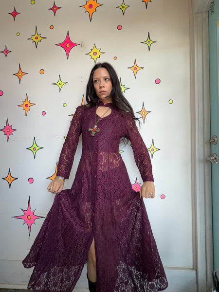 Vintage 90s Merlot Lace Maxi Dress Sheer Romantic Goth Prairie Fairy Grunge - S