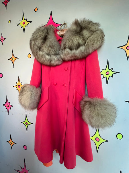 Vintage 60s Lilli Ann Pink Fur Trim Old Hollywood Glam Princess Swing Coat S