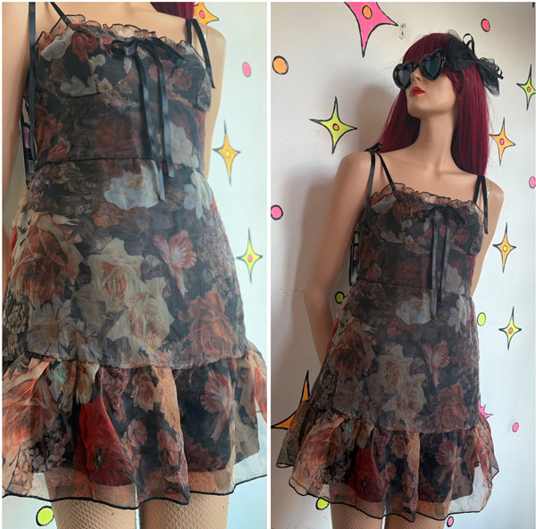Sheer Black Floral Babydoll Dress | Romantic Goth Fairy Grunge Slip Mini M