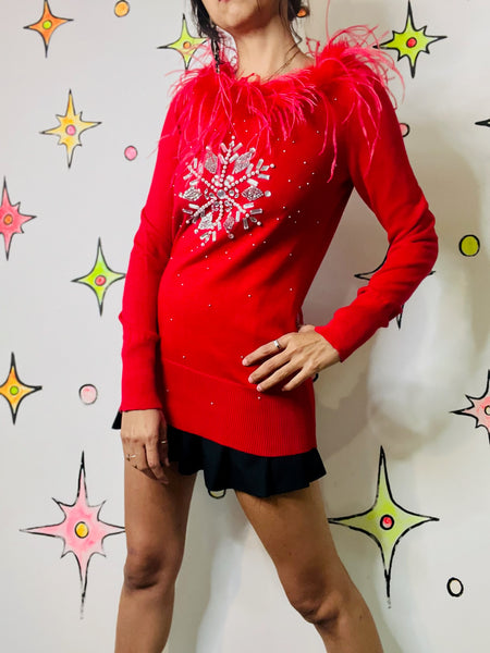 Vintage Y2K Red Ugly Christmas Sweater Snowflake Embellished Holiday Party - S