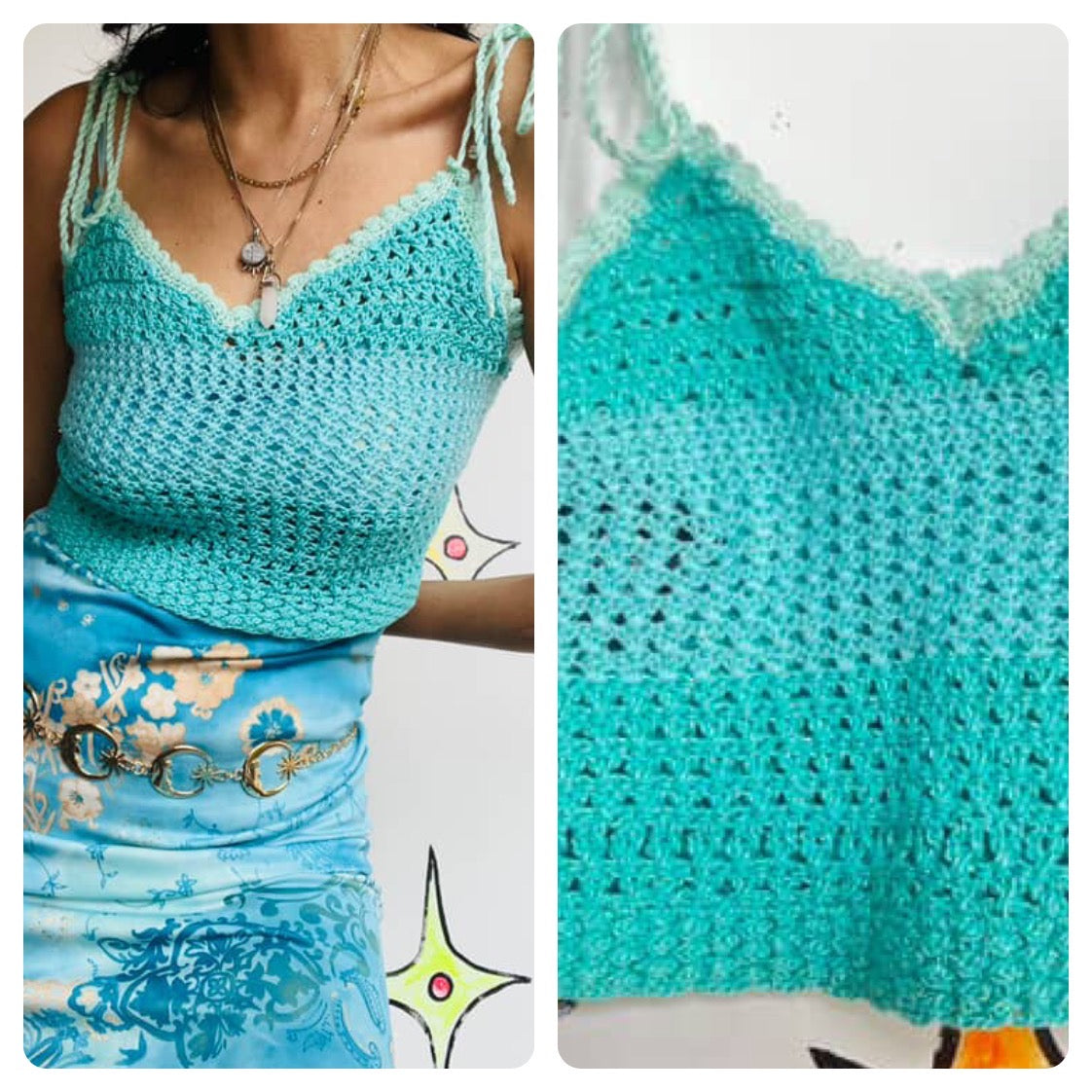 Vintage Handmade | Pastel Blue Crochet Coquette Fairy Babydoll Cami Crop Top | S