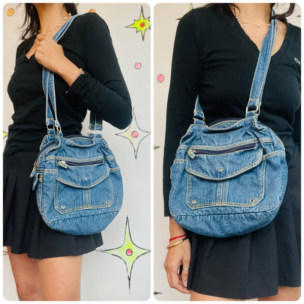 Vintage 80s Blue Denim Multi-Pocket Crossbody Bag – Fairy Grunge Boho Purse