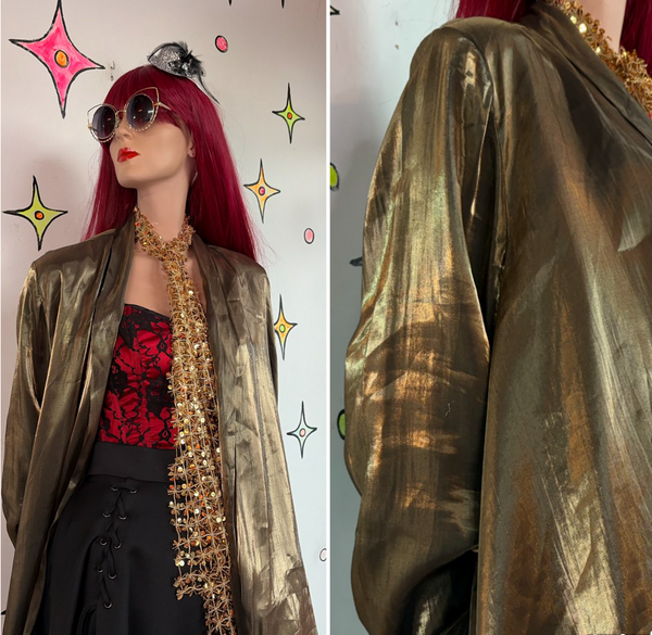 Vintage 80s Metallic Gold Oversized Blazer Shirt Disco Glam Goth Shrug Top XL+