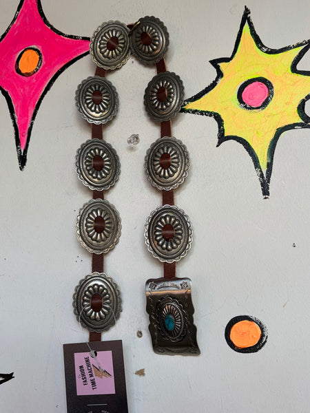 Vintage Leather Concho Belt | Western Cowboy Boho Festival Statement Belt 35.5"