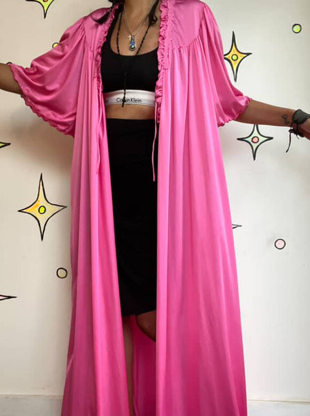 Vintage 60s 70s Babydoll Grunge Pink Nylon Nighty Robe w Bow