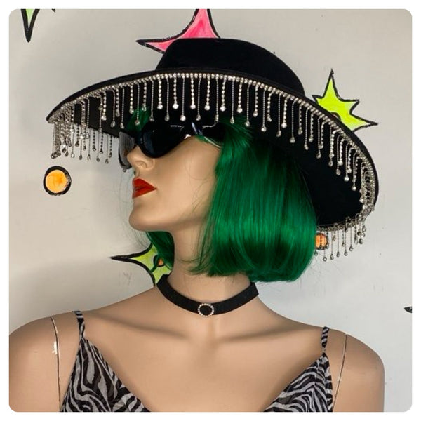 Black Beaded Fringe Cowgirl Hat | Rhinestone Western Goth Glam - One Size